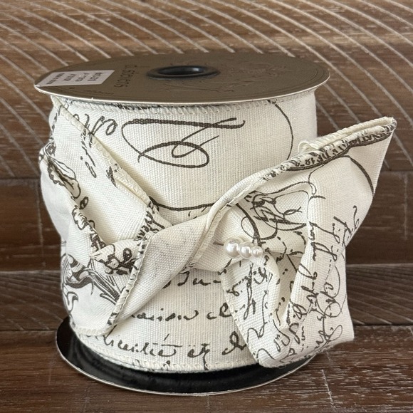 d.stevens Other - D. Stevens 4" Wired Ribbon Cream Brown Script Floral Christmas French Country